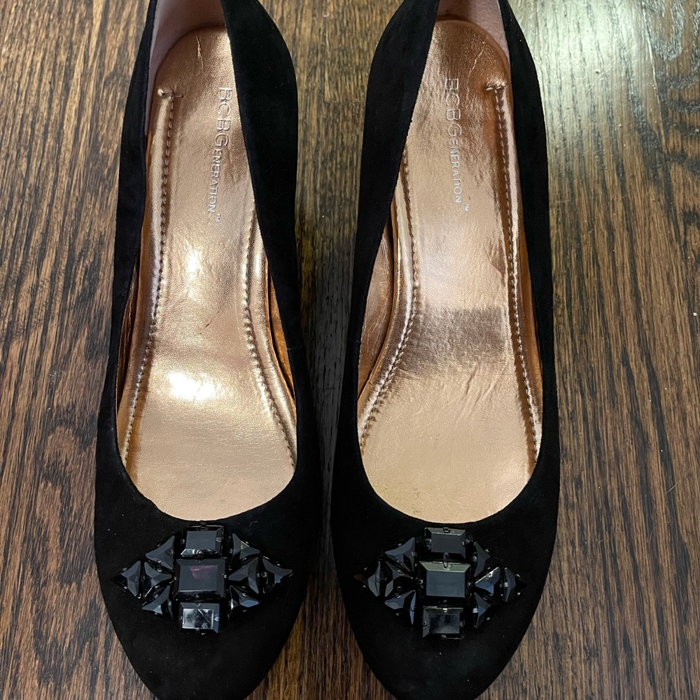 BCBG black suede wedges